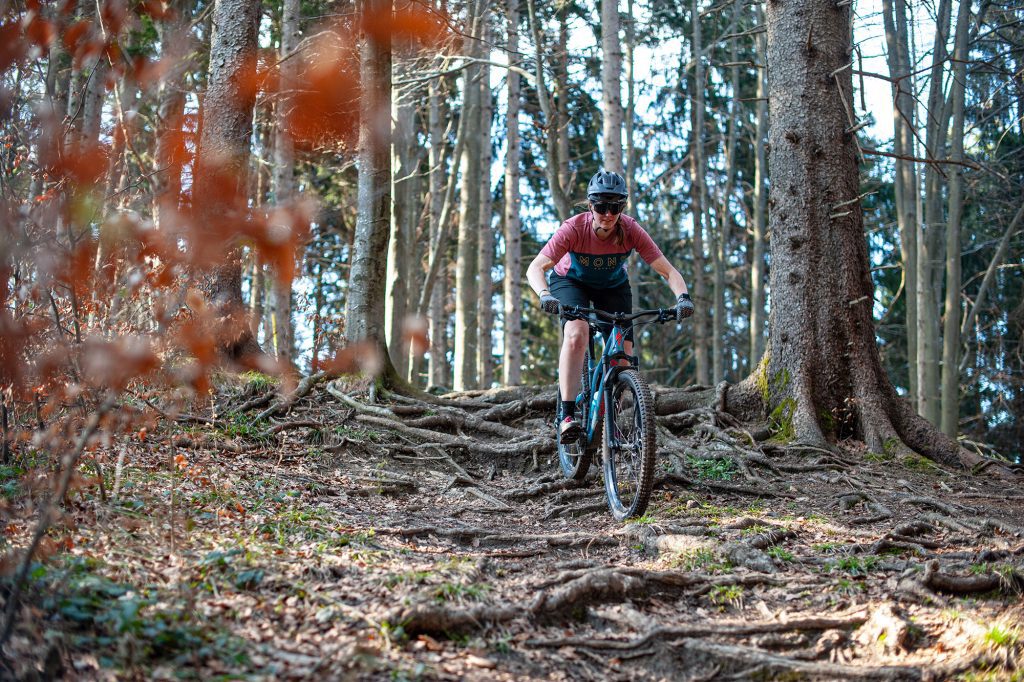 Frau fährt auf Mountainbike über wurzeligen Trail